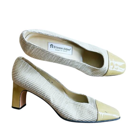 Etienne Aigner Shoes - Etienne Aigner Houndstooth Cap Toe Pumps 7.5 Leather Vintage Career Academia 60s